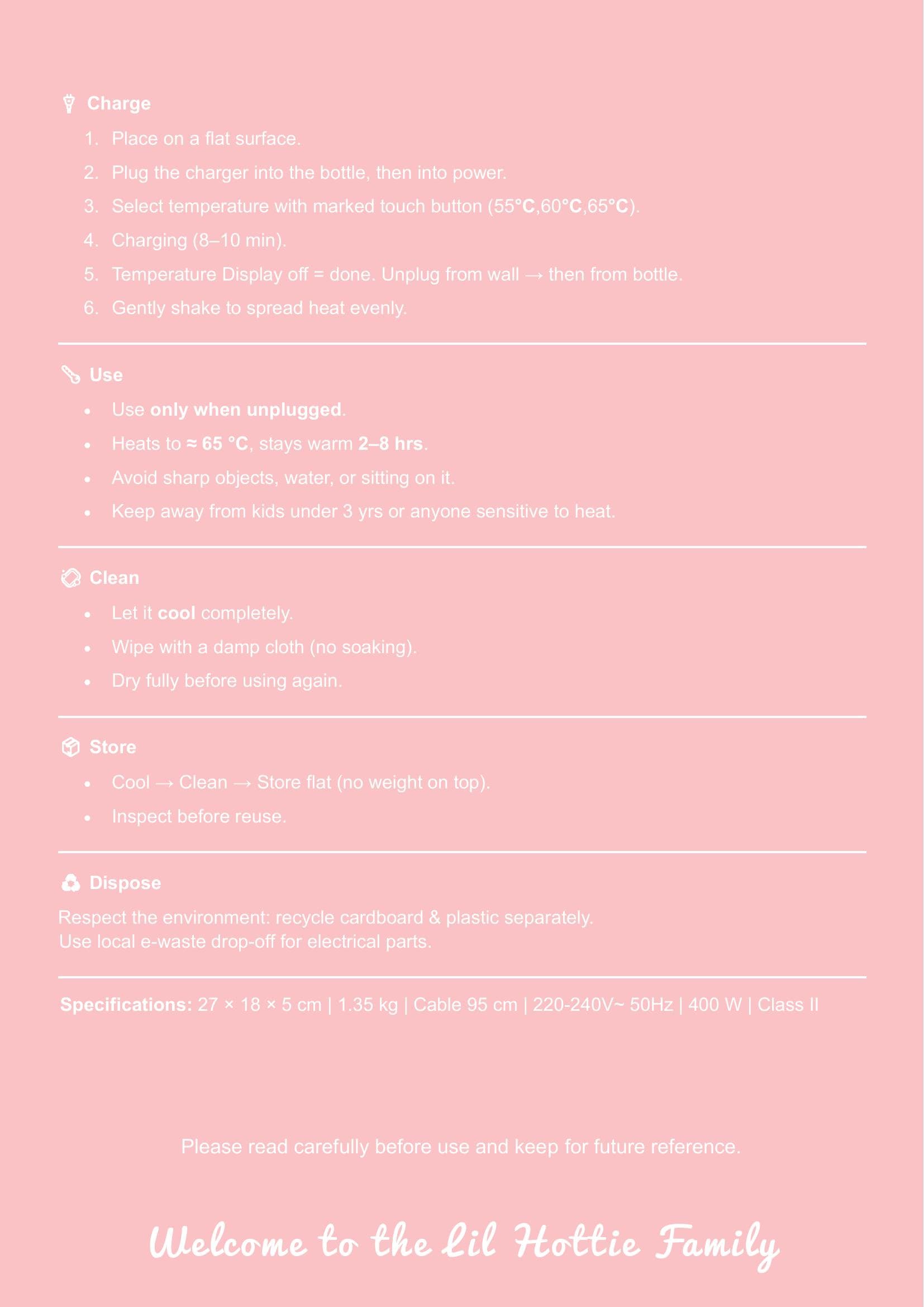 Back of the Lil Hottie instruction card